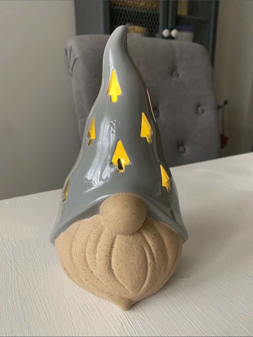 Ceramic Gnome Figurine Lantern - Gray Hat, Sand Beard - Christmas Light